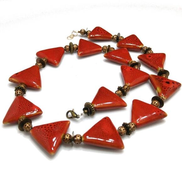 Artisan Ceramic Triangle Bead Necklace Red Orange with Copper Filigree Accents - Picture 7 of 7